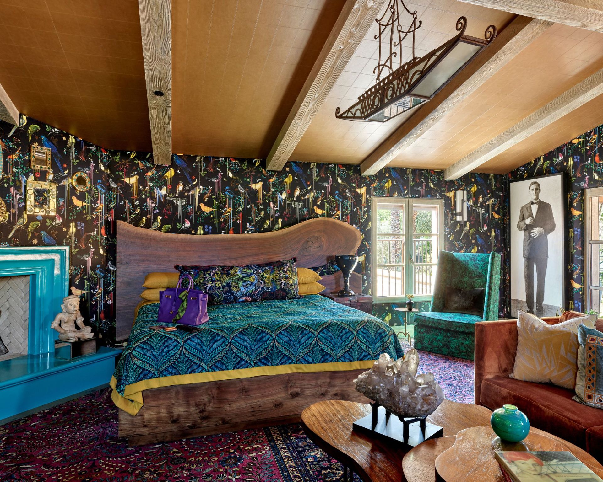 maximal bedroom with patterned wallpaper