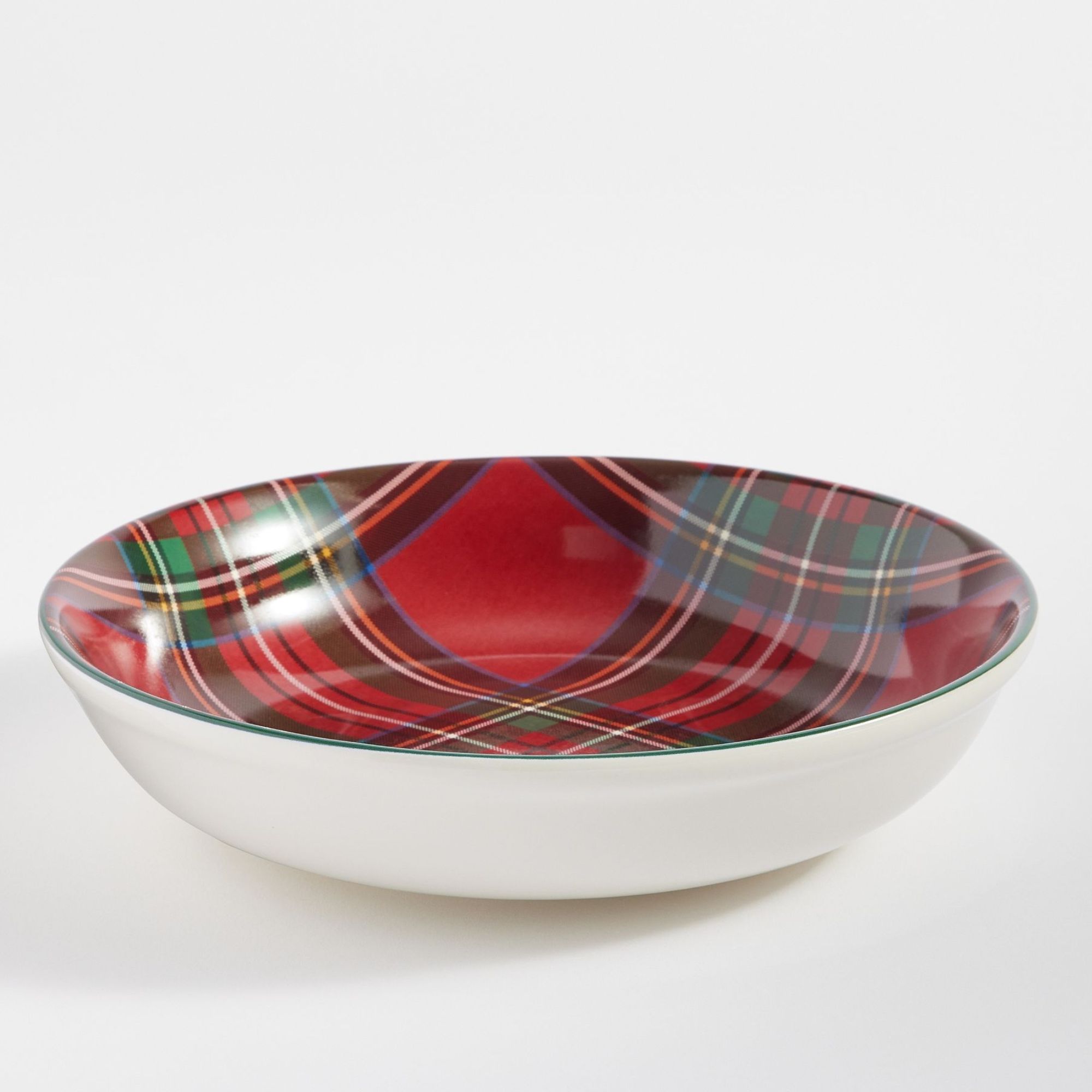 White cereal bowls with red plaid interior