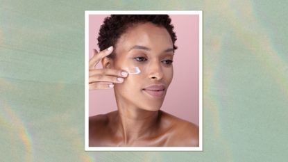 A green holographic frame containing a close up image of a woman applying moisturiser to her face with her fingers, on a pink backdrop