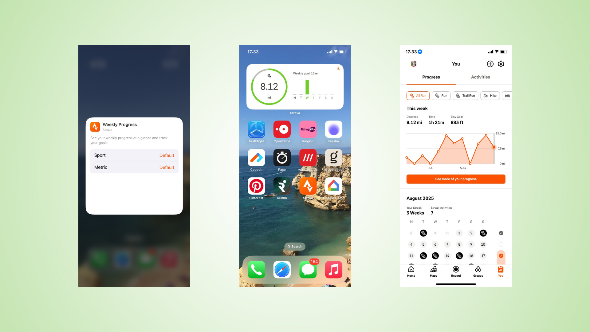 screenshots of steps fie to seven for how to add Strava weekly distance goal as a widget on iPhone