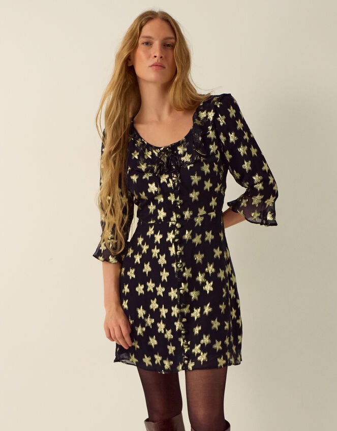 Monsoon X Queens of Archive Farrah Metallic Star Jacquard Mini Dress&amp;#8203; Black