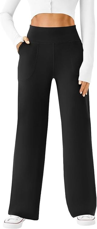 Dlooda Womens Wide Leg Yoga Pants Casual Work Dress Pants Lounge Sweatpants High Waist Comfy Loose Trousers With Pockets Black