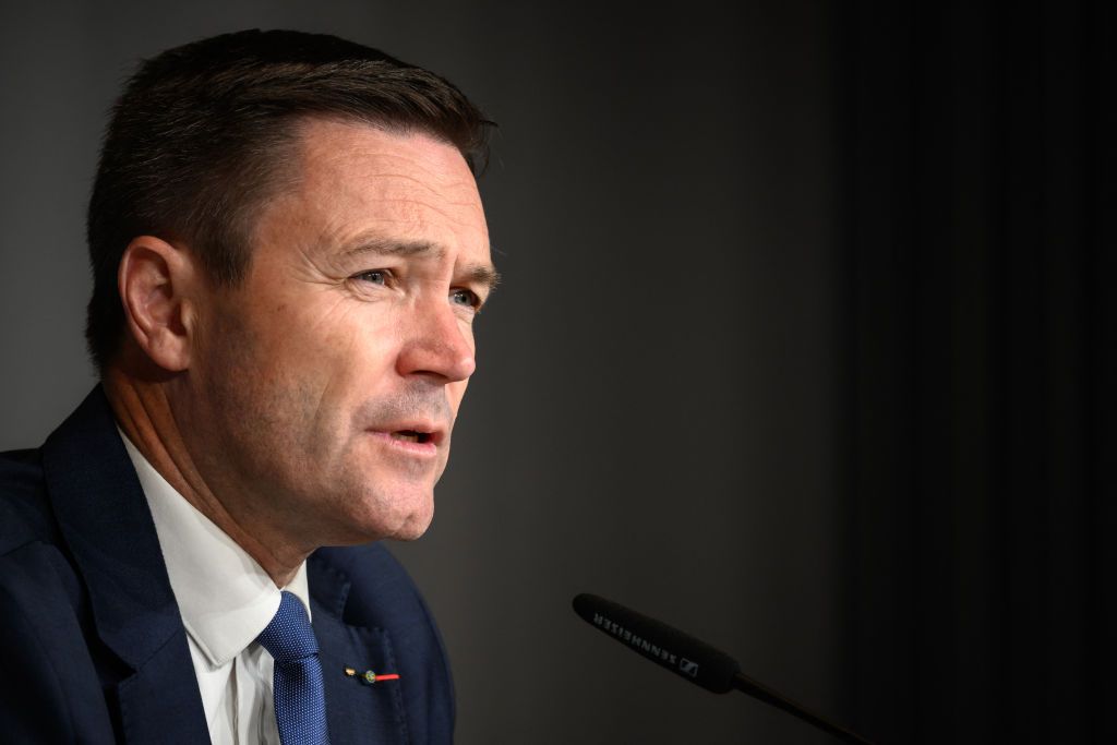 UCI President David Lappartient delivers a press conference during the UCI 2024 Cycling Road World Championships, in Zurich, on September 28, 2024, a day after the death of Swiss teenage cyclist Muriel Furrer following a head injury during the UCI 2024 Road World Championships. Swiss teenage cyclist Muriel Furrer died on September 27, 2024, a day after suffering a serious head injury in a crash during the women&#039;s junior road race at the world championships. (Photo by Fabrice COFFRINI / AFP)