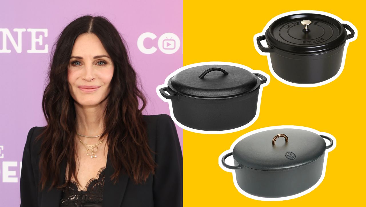 Actress Courteney Cox headshot with a selection of three matte black dutch ovens