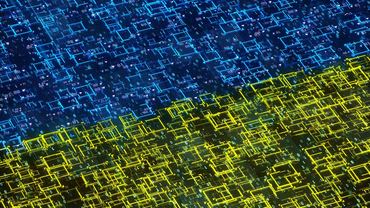 Digital generated image of Data in colour of Ukrainian flag - blue and yellow.