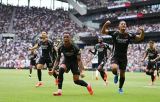 Gabriel celebrates scoring his team's first goal during the Premier League match between Tottenham Hotspur FC and Arsenal FC at Tottenham Hotspur Stadium on September 15, 2024 in London, England