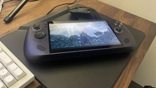 A Lenovo Legion Go S handheld with SteamOS in Nebula Nocturne colour scheme
