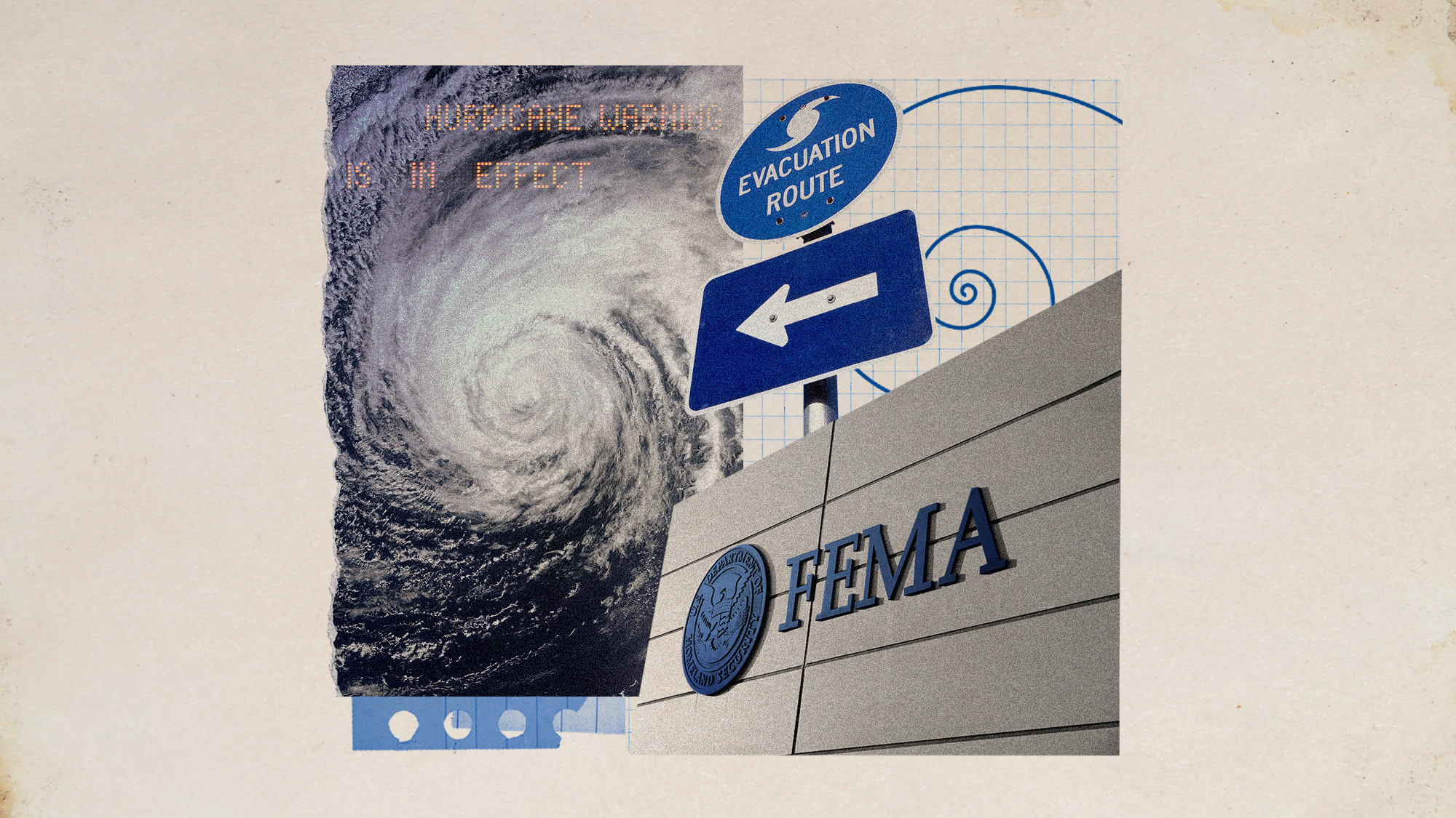 Photo collage of the FEMA building, evacuation route and hurricane warning signs, and a top-down photo of a hurricane