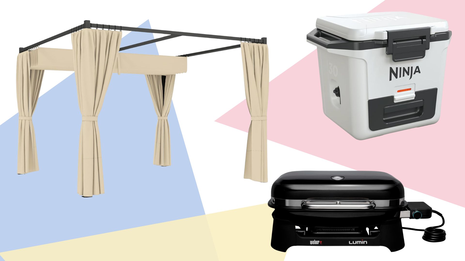 collage of affordable luxury garden items including a retractable pergola, an electric bbq and a Ninja coolbox