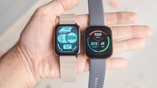 Close up of the Armitron Matrix smartwach next to the Amazfit Bip 5 with each showing results from a tracked walk