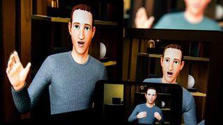 A digital avatar of Mark Zuckerberg, shown on three screens of increasing size