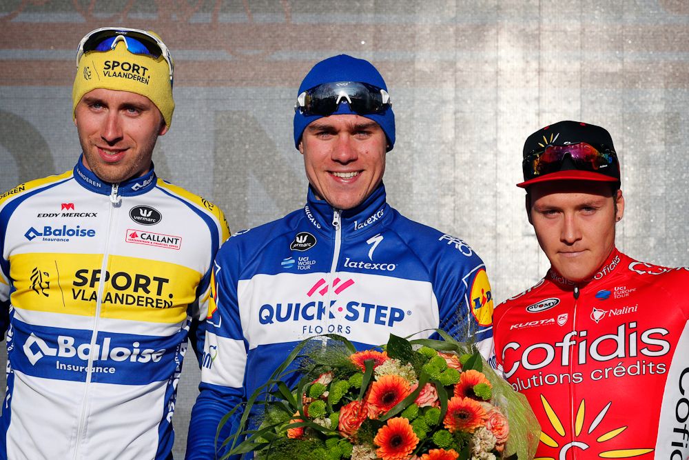 Amaury Capiot (Sport Vlaanderen - Baloise), Fabio Jakobsen (Quick - Step Floors) and Hugo Hofstetter (Cofidis) on the 2018 Nokere Koerse podium