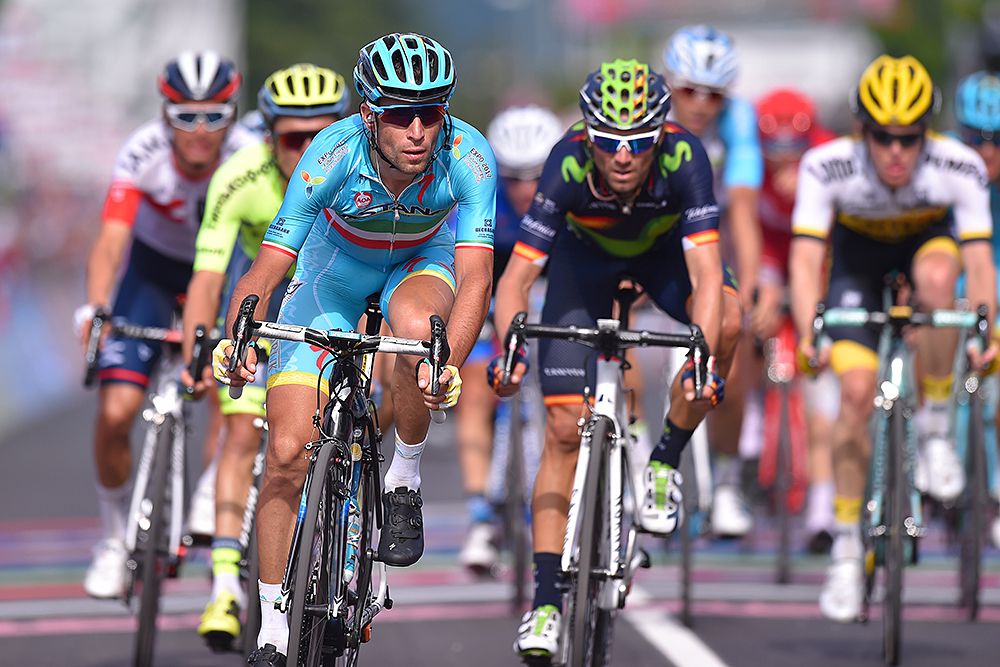 Vincenzo Nibali (Astana) gets the four-second time bonus ahead of Alejandro Valverde (Movistar)