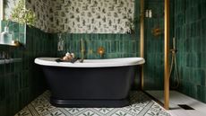 Freestanding bath, green tiles 