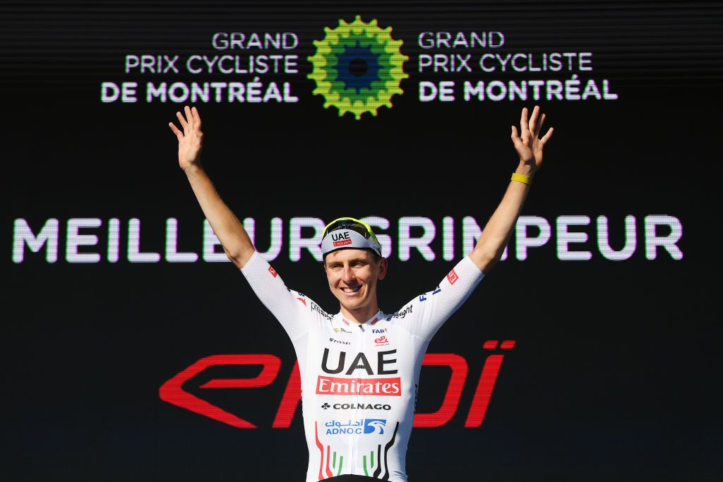 MONTREAL QUEBEC SEPTEMBER 15 Tadej Pogacar of Slovenia and UAE Team Emirates celebrates at podium as best climber winner during the 13th Grand Prix Cycliste de Montreal 2024 a 2091km one day race from Montreal to Montreal UCIWT on September 15 2024 in Montreal Quebec Photo by Alex BroadwayGetty Images