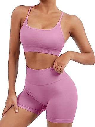 Suuksess Women Seamless 2 Piece Workout Sets Strappy Padded Sports Bra Booty High Waisted Shorts Outfits (light Pink,m)