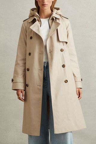 Reiss Azura Stone Double Breasted Hooded Trench Coat