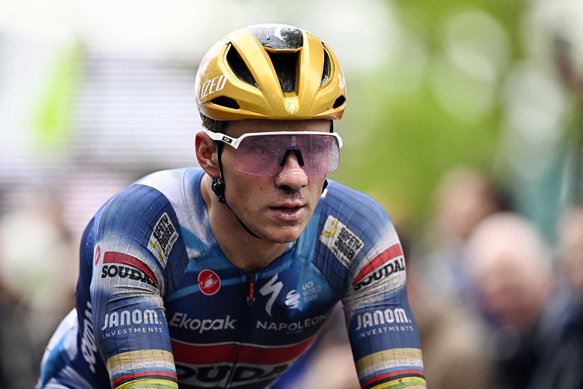 Belgian Remco Evenepoel of Soudal QuickStep reacts after the mens race of the La Fleche Wallonne one day cycling race Waalse Pijl Walloon Arrow 2052 km from Ciney to Huy Wednesday 23 April 2025 BELGA PHOTO JASPER JACOBS Photo by JASPER JACOBS BELGA MAG Belga via AFP Photo by JASPER JACOBSBELGA MAGAFP via Getty Images