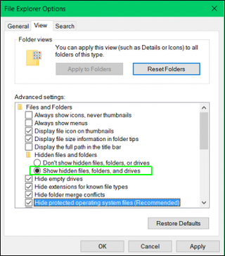 select show hidden files, folders and drives