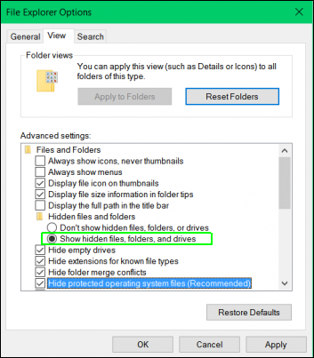 select show hidden files, folders and drives