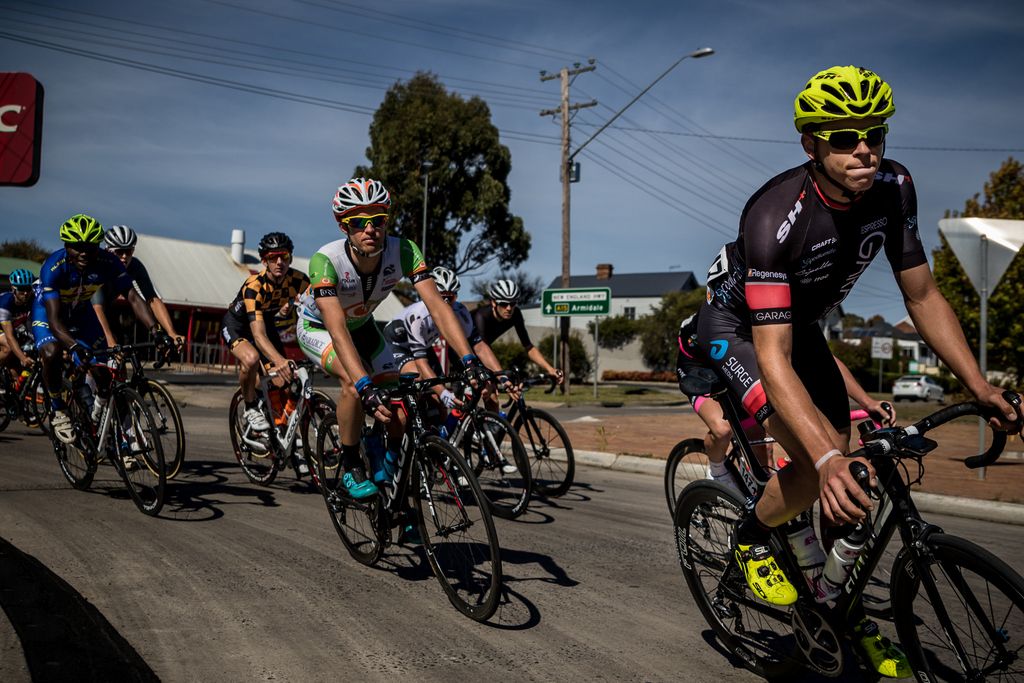 Sean Trainor leads the peloton through a corner