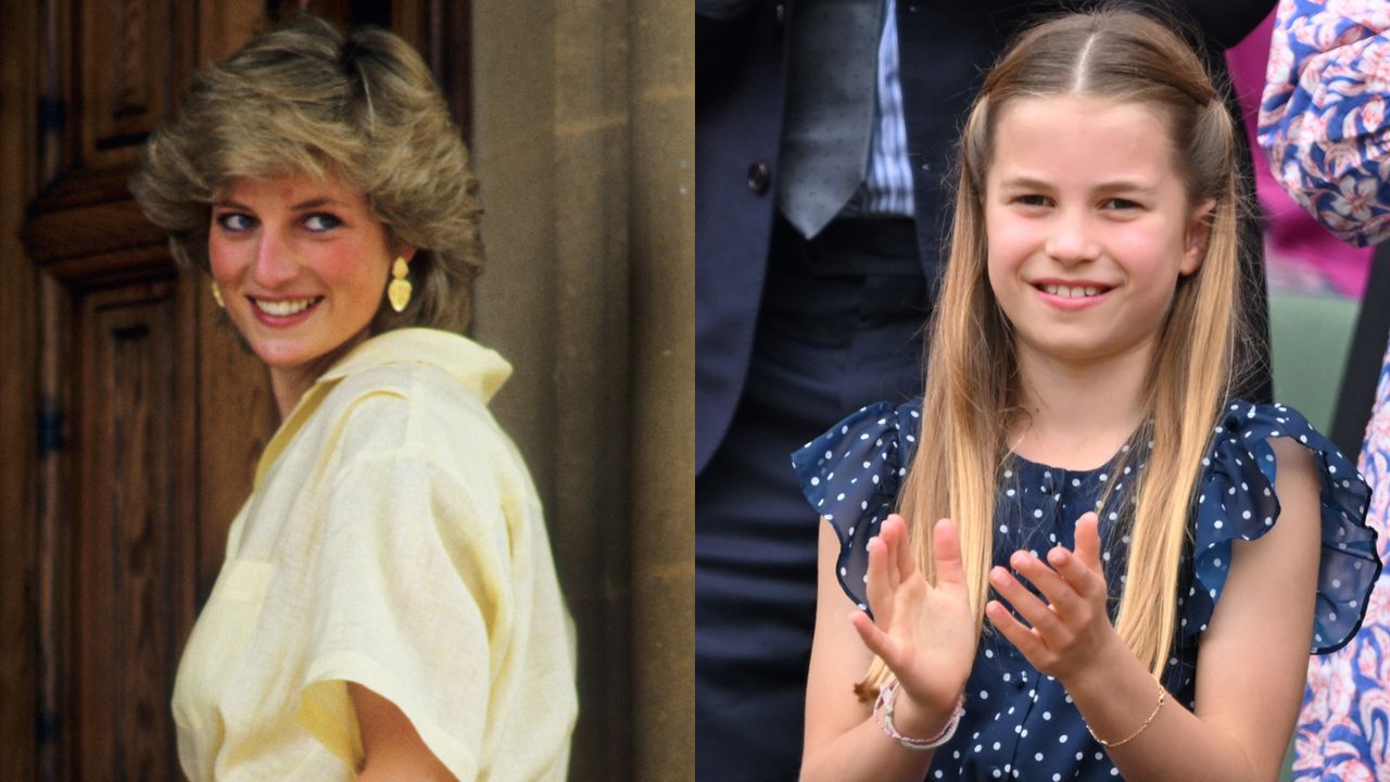 A picture of Princess Diana in a yellow shirt turning to the side and smiling next to a photo of Princess Charlotte wearing a blue dotted dress and clapping 