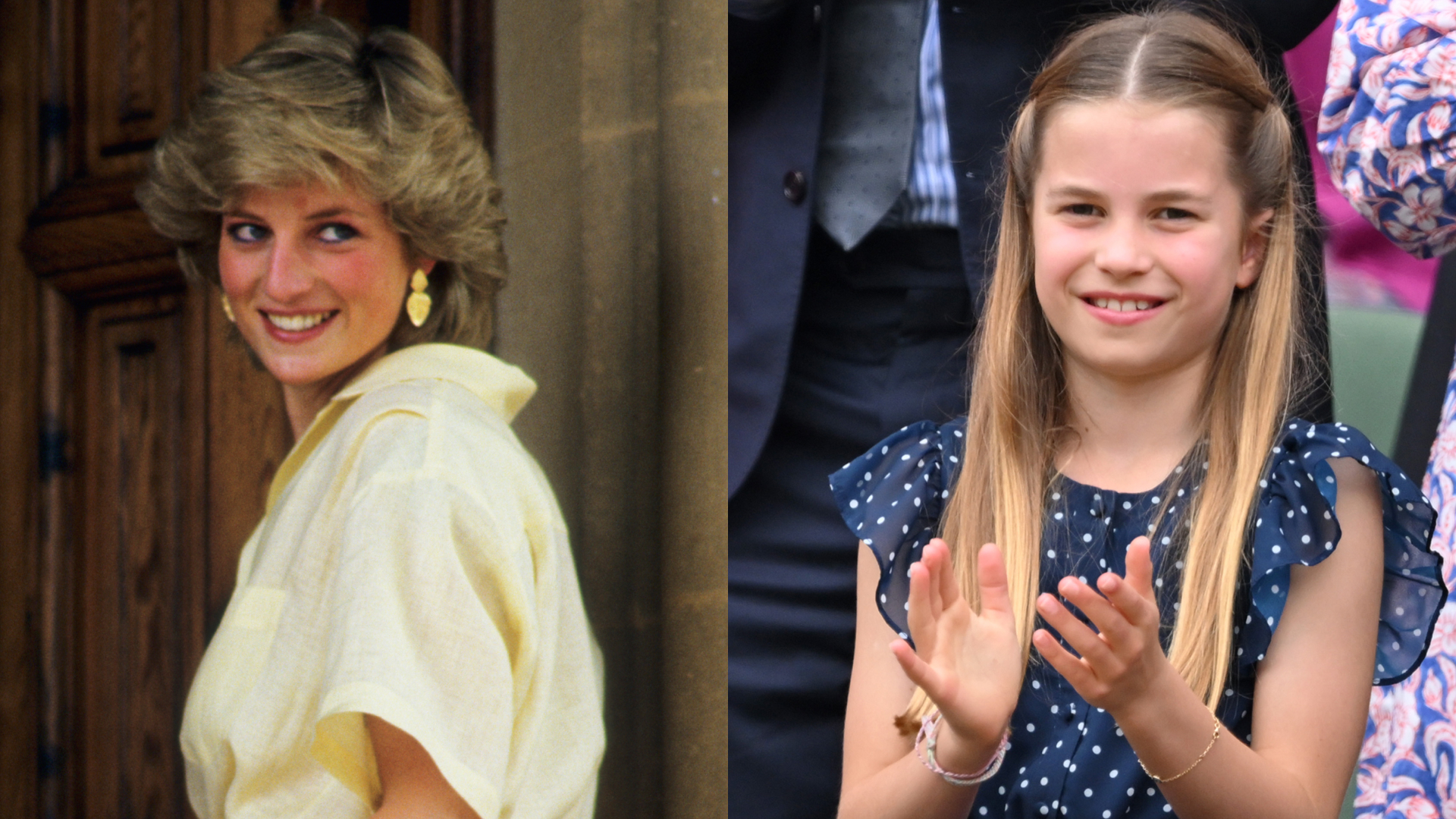 A picture of Princess Diana in a yellow shirt turning to the side and smiling next to a photo of Princess Charlotte wearing a blue dotted dress and clapping 