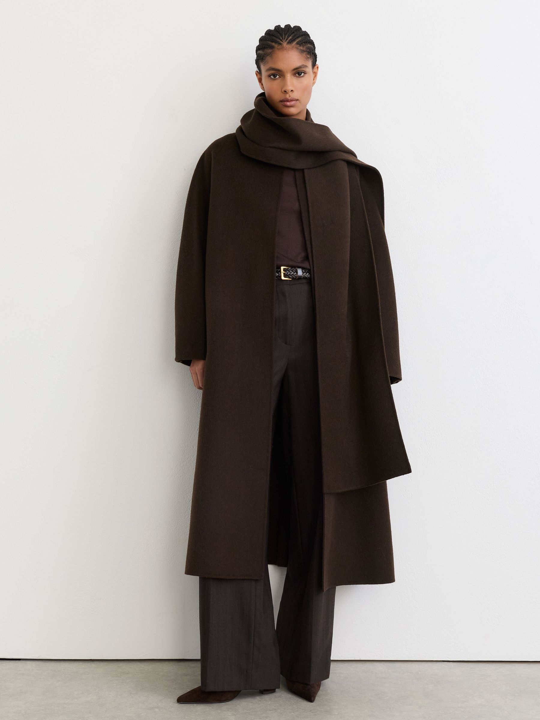 Petite Wool-Blend Long Blind-Seam Scarf Coat in Chocolate Brown - Size X-Small
