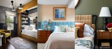 Outdated bedroom trends. Cozy nook bed in yellow and blue bedroom. Blue and pink bedroom. Green bedroom with wicker furniture.