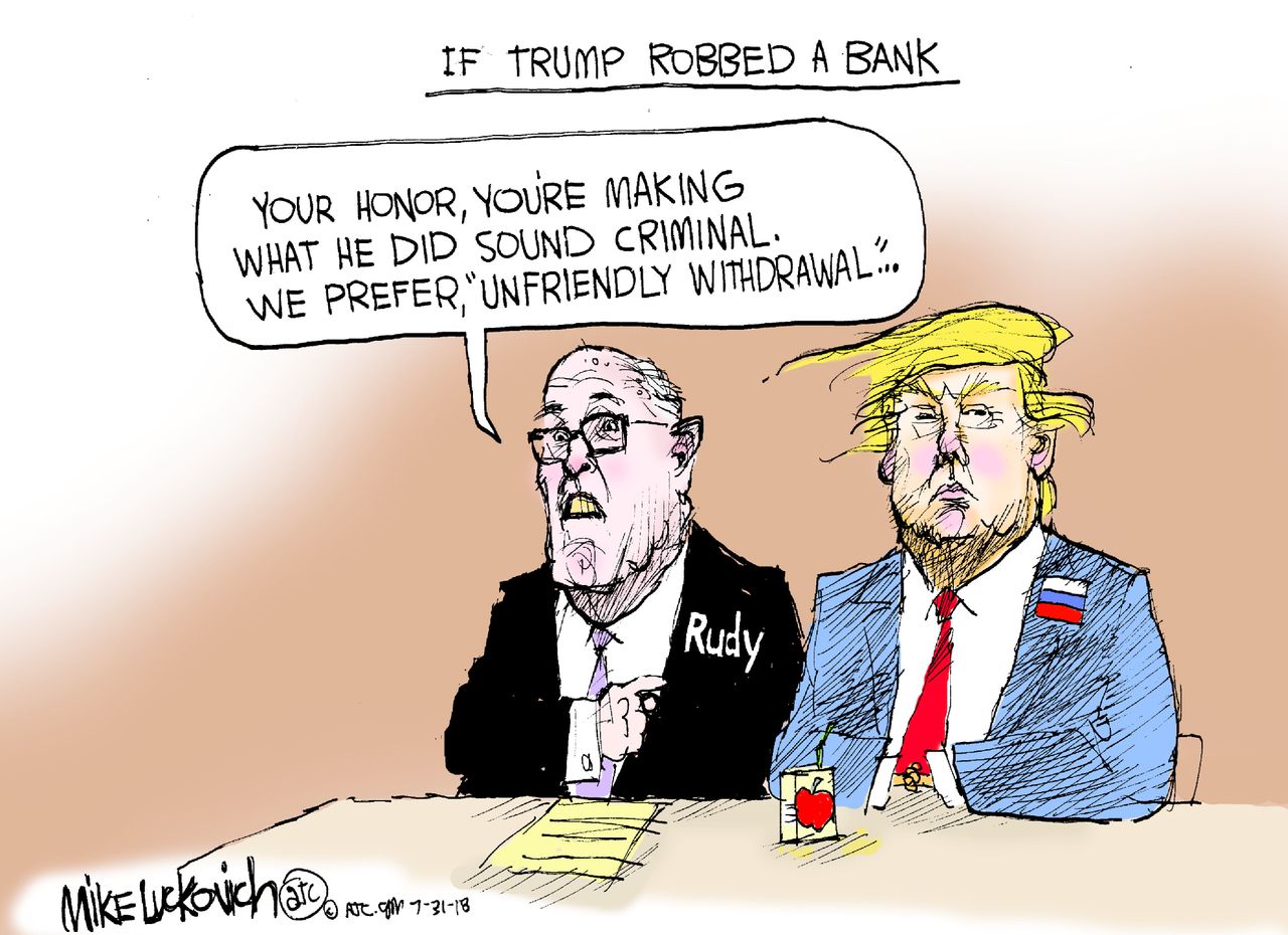 Political cartoon U.S. Trump Rudy Giuliani Russia collusion defense