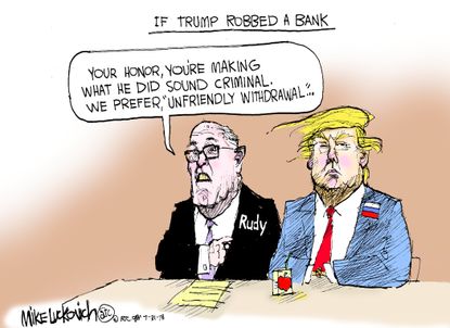 Political cartoon U.S. Trump Rudy Giuliani Russia collusion defense