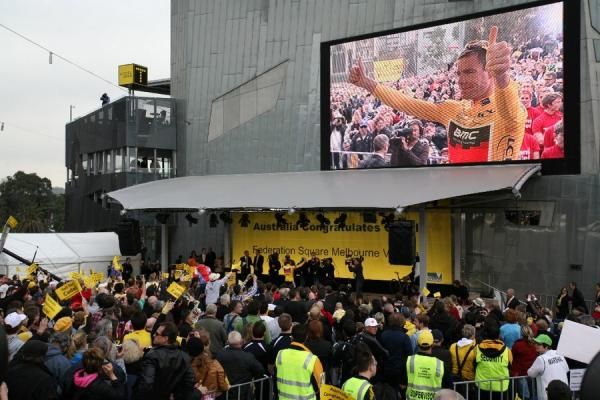 Cadel Evans on stage in Federation Square
