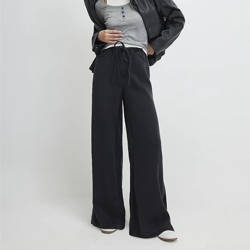 Black Wide Leg Pyjama Style Drawstring Jeans on model