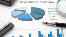 Investment portfolio document with pie chart and graphs depicting stocks, bonds, etc.