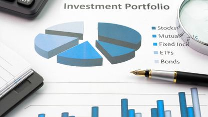 Investment portfolio document with pie chart and graphs depicting stocks, bonds, etc.