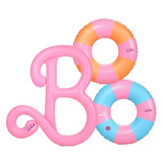 A trio of Barbie-themed pool floaties
