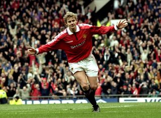 Ole Gunnar Solskjaer celebrates a goal for Manchester United against Everton in 1999.