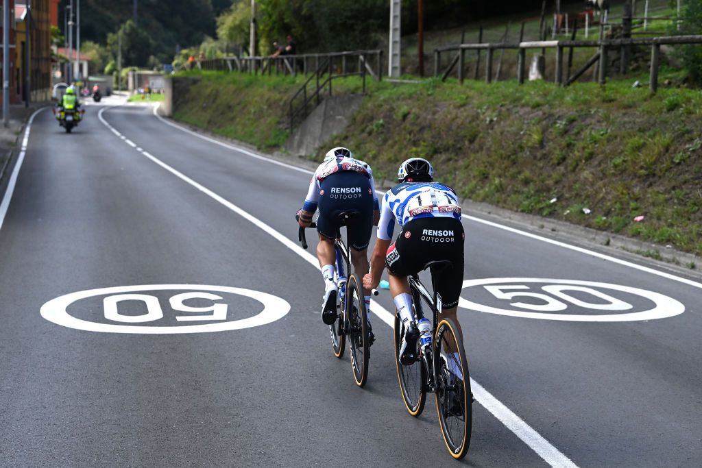 ALTU DE LANGLIRU SPAIN SEPTEMBER 13 Mattia Cattaneo of Italy and Remco Evenepoel of Belgium and Team Soudal Quick Step Polka Dot Mountain Jersey compete in the breakaway during the 78th Tour of Spain 2023 Stage 17 a 1244km stage from Ribadesella Ribeseya to Altu de LAngliru 1555m UCIWT on September 13 2023 in Altu de LAngliru Spain Photo by Tim de WaeleGetty Images
