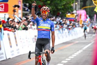 BOGOTA, COLOMBIA - FEBRUARY 11: Egan Bernal of Colombia and Team Colombia reacts crossing the finish line during the 4th Tour Colombia 2024, Stage 6 a 138.7km stage from SopÃ³ to BogotÃ¡ on February 11, 2024 in Bogota, Colombia. (Photo by Maximiliano Blanco/Getty Images)