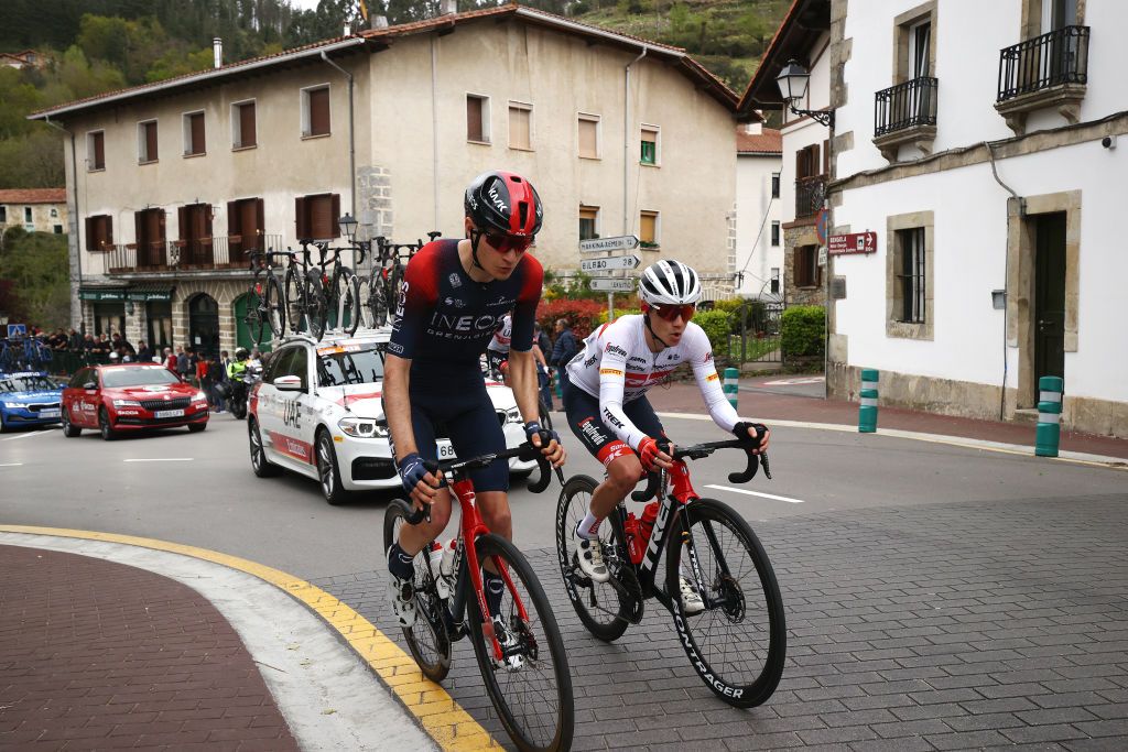 MALLABIA SPAIN APRIL 08 LR Carlos Rodriguez Cano of Spain and Team INEOS Grenadiers and Kenny Elissonde of France and Team Trek Segafredo compete in the breakaway during the 61st Itzulia Basque Country 2022 Stage 5 a 1638km stage from Zamudio to Mallabia 305m itzulia WorldTour on April 08 2022 in Mallabia Spain Photo by Gonzalo Arroyo MorenoGetty Images