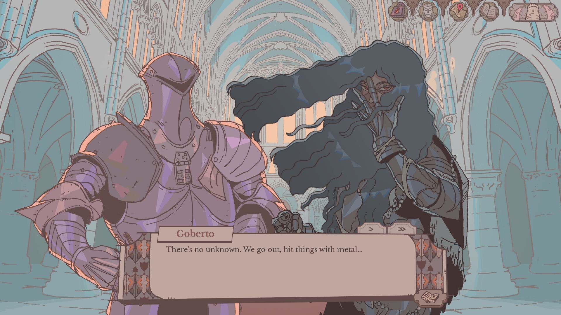 Two knights conversing in the great hall.