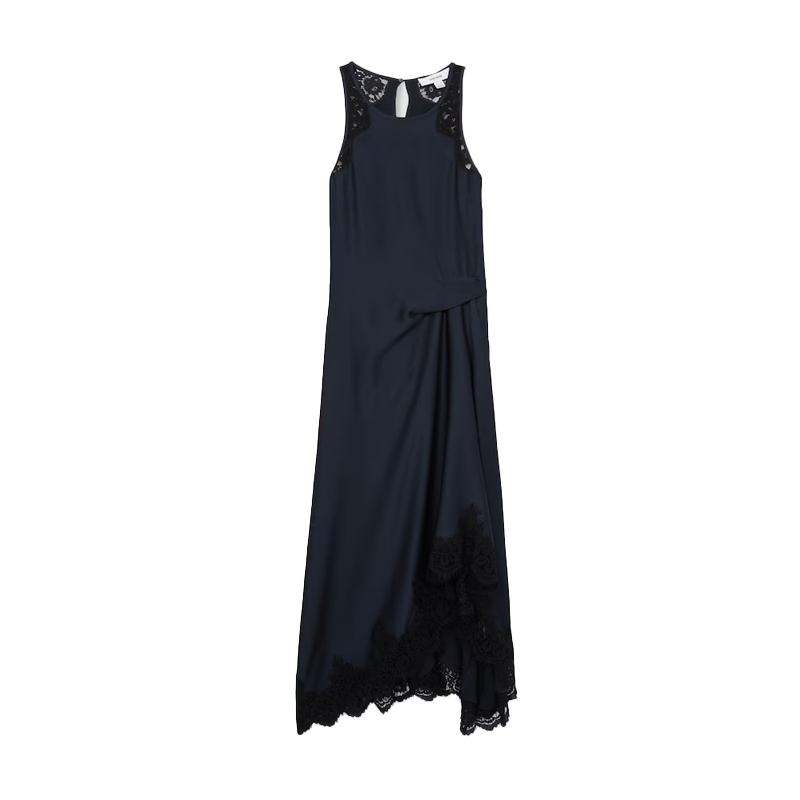 Navy silk dress with black lace trim, reiss