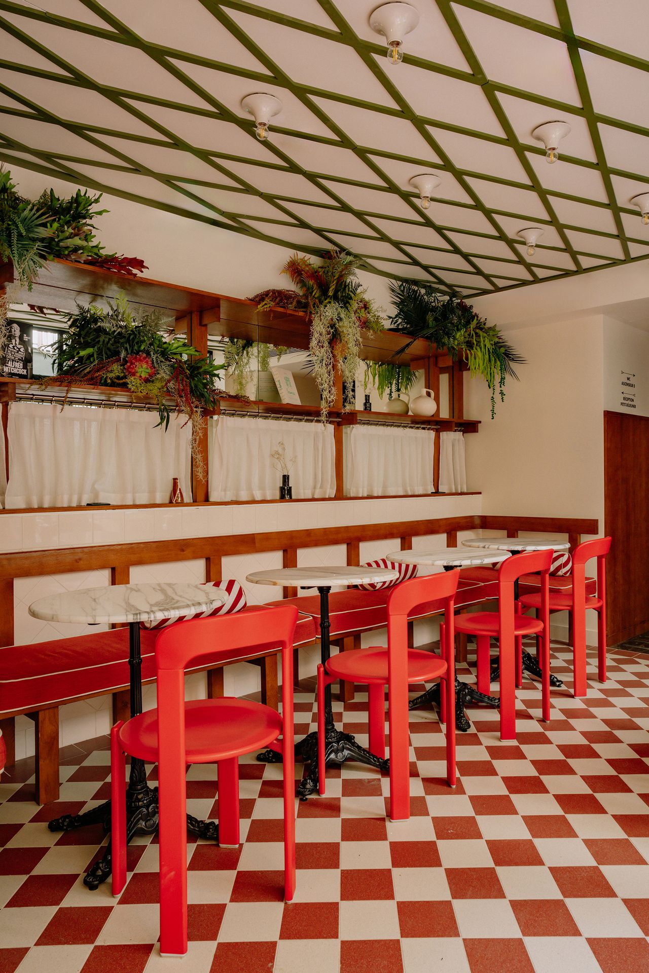 A bistrot-inspired hotel lobby.