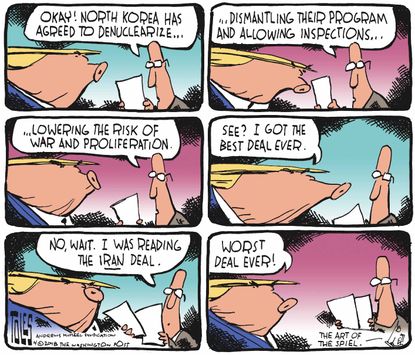 Political cartoon U.S. Trump Iran deal North Korea negotiations