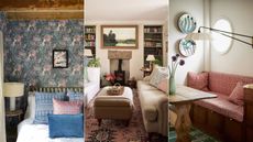 Three colorful laundry rooms in green, pink and burgundy