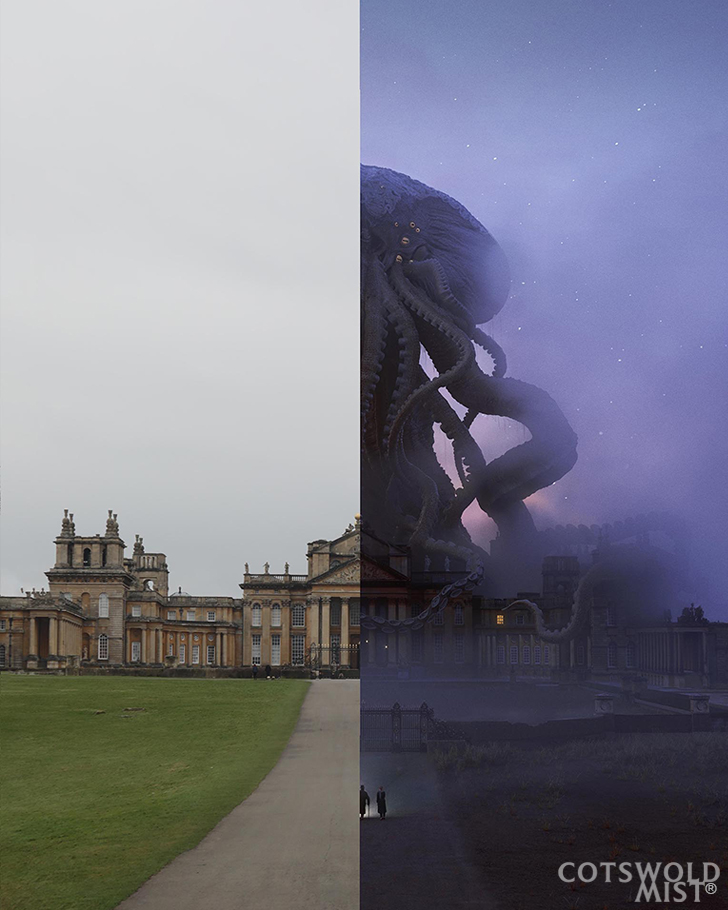 Cotswold Mist; before and after images of a fantasy illustration showing a large creature standing above an English country manor