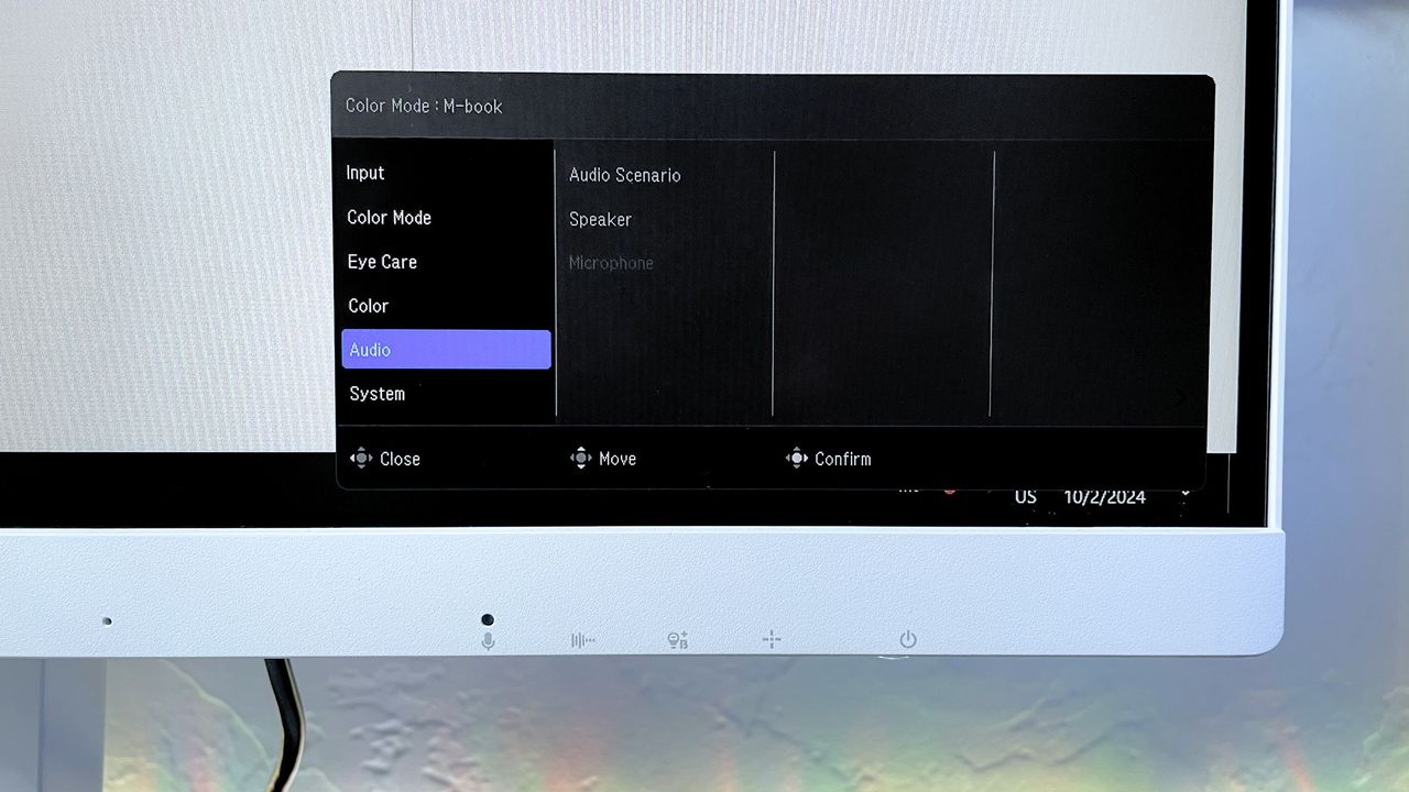 Close up of the "Audio" menu pop up on the BenQ GW2790QT Ergonomic Eye-Care monitor