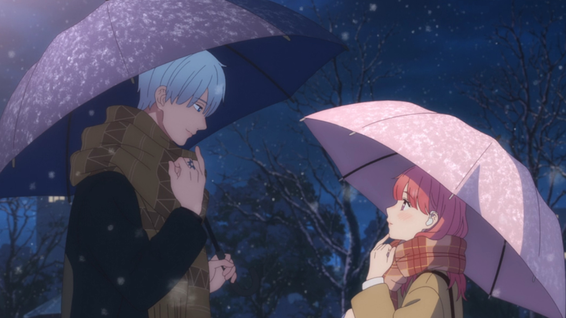 Yuki Itose and Itsuomi Nagi looking at each other and pointing at their lips while holding umbrellas during a snowy night in an episode of the romance anime, A Sign of Affection