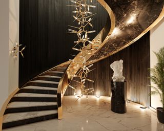 Staircase lighting idea with black fluted wall decor, white bust, marble stair treads, chandelier light and wall light