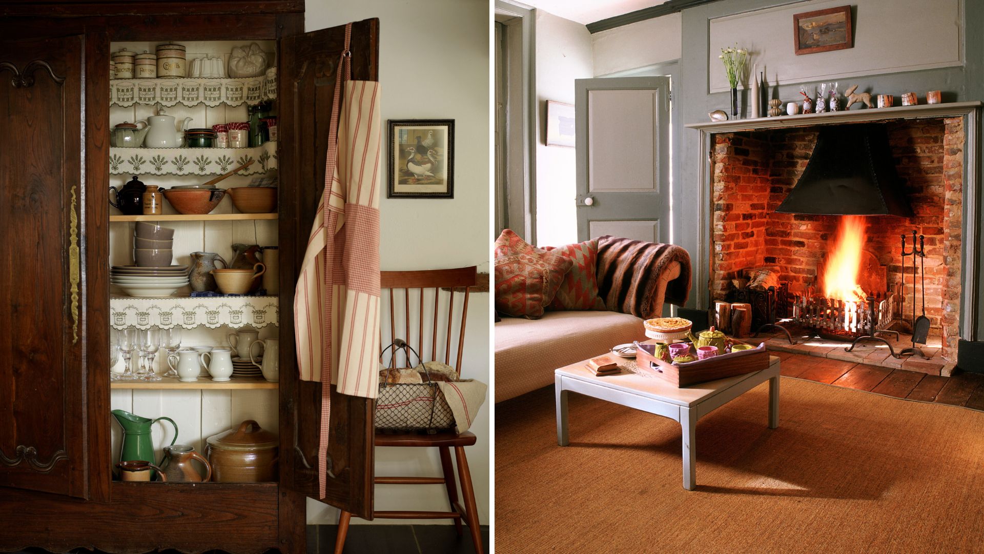 split image of a wooden kitchen cupboard open with traditional crockery and a cosy living room with a roaring open fire in an English country cottage